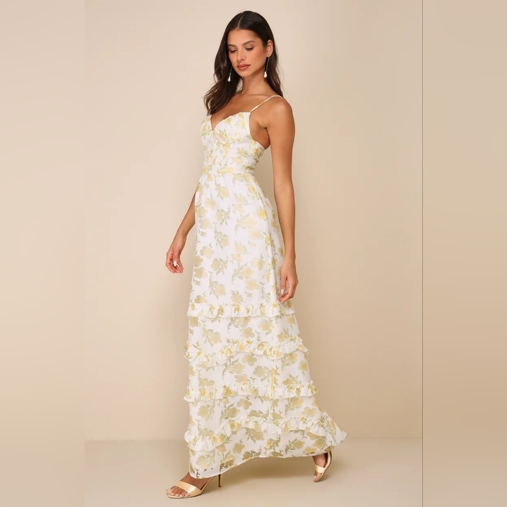 Lulus Gorgeous Occasion Cream Floral Burnout Lace-Up Tiered Maxi Dress M Wedding - Picture 3 of 13
